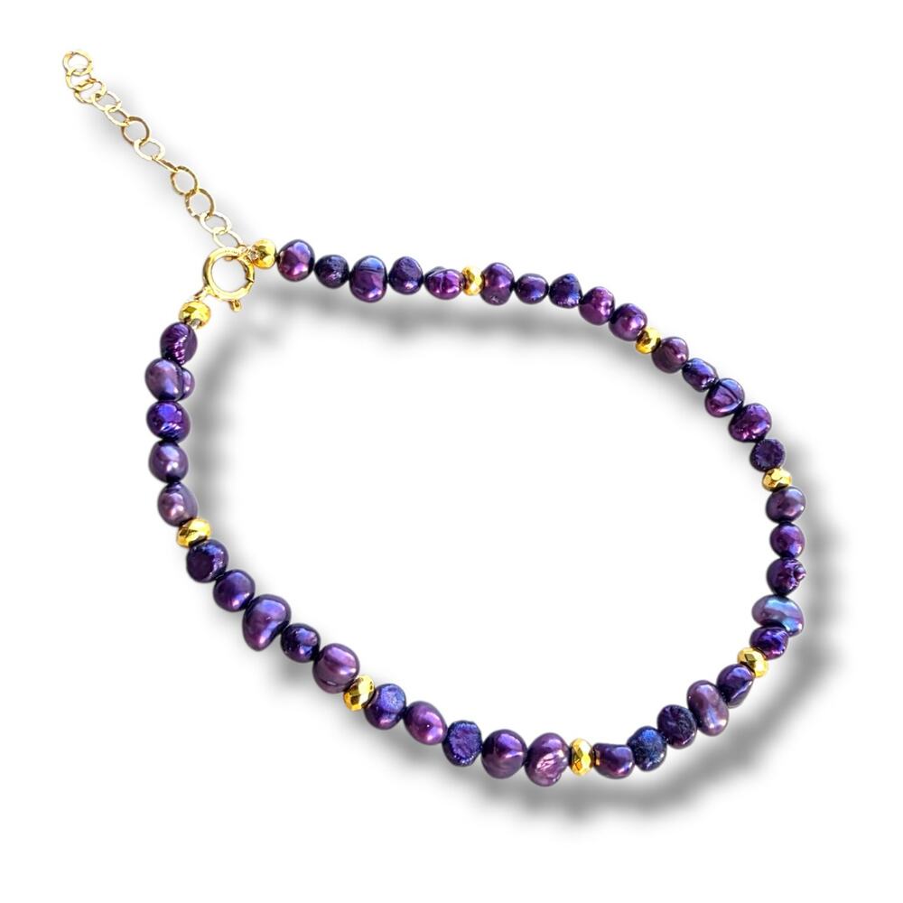 Artisan Handmade stunning 7"-8"‎ Purple pearl bracelet 14K Gold Filled New